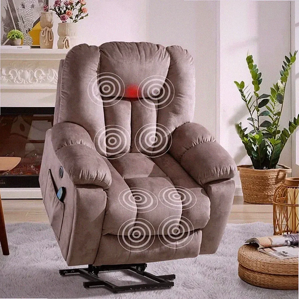 Camel Beige Power Lift Heat Massage Armchair Recliner Overstuffed Large Remote