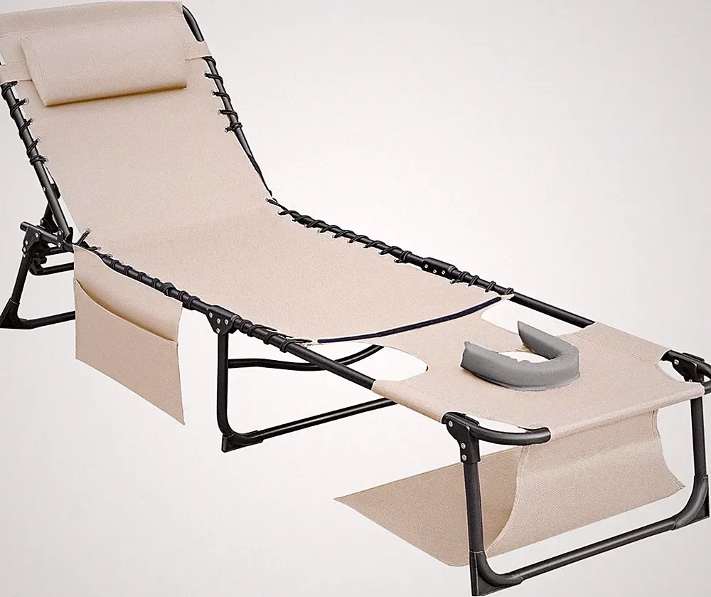 Face Down Chaise Lounge Chair 5-Position Adjustable Sunbathing (Beige, 1 Pcs)