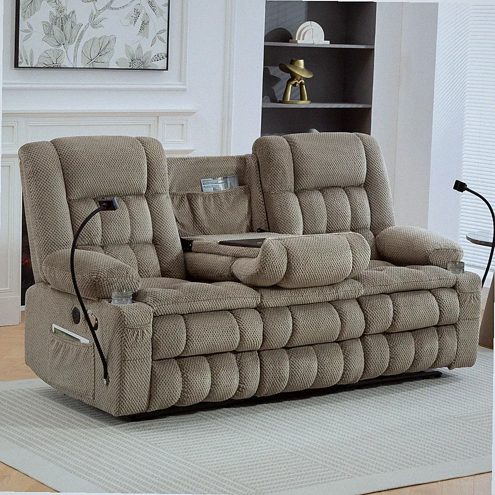 Manual Recliner Sofa, Reclining Couch with Fold-Down Console and Hidden