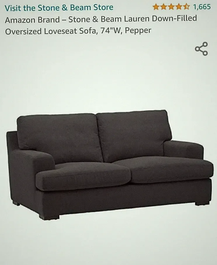 Stone & Beam Lauren Down-Filled Oversized Loveseat Sofa, 74"W, Pepper