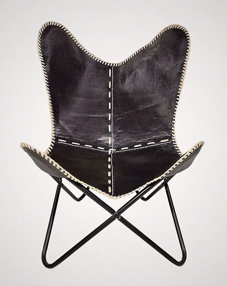 Vintage Genuine Leather Butterfly Chair Rustic Folding Lounge Accent Relax Seat